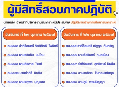 <strong>อ่านเพิ่มเติมเกี่ยวกับ</strong><br>ประกาศรายชื่อผู้มีสิทธิ์สอบภาคปฏิบัติ  ตำแหน่ง เจ้าหน้าที่บริหารงานสงเคราะห์ผู้ประสบภัย ปฏิบัติงานฝ่ายการศึกษาสงเคราะห์ ประกาศรายชื่อผู้มีสิทธิ์สอบภาคปฏิบัติ  ตำแหน่ง เจ้าหน้าที่บริหารงานสงเคราะห์ผู้ประสบภัย ปฏิบัติงานฝ่ายการศึกษาสงเคราะห์